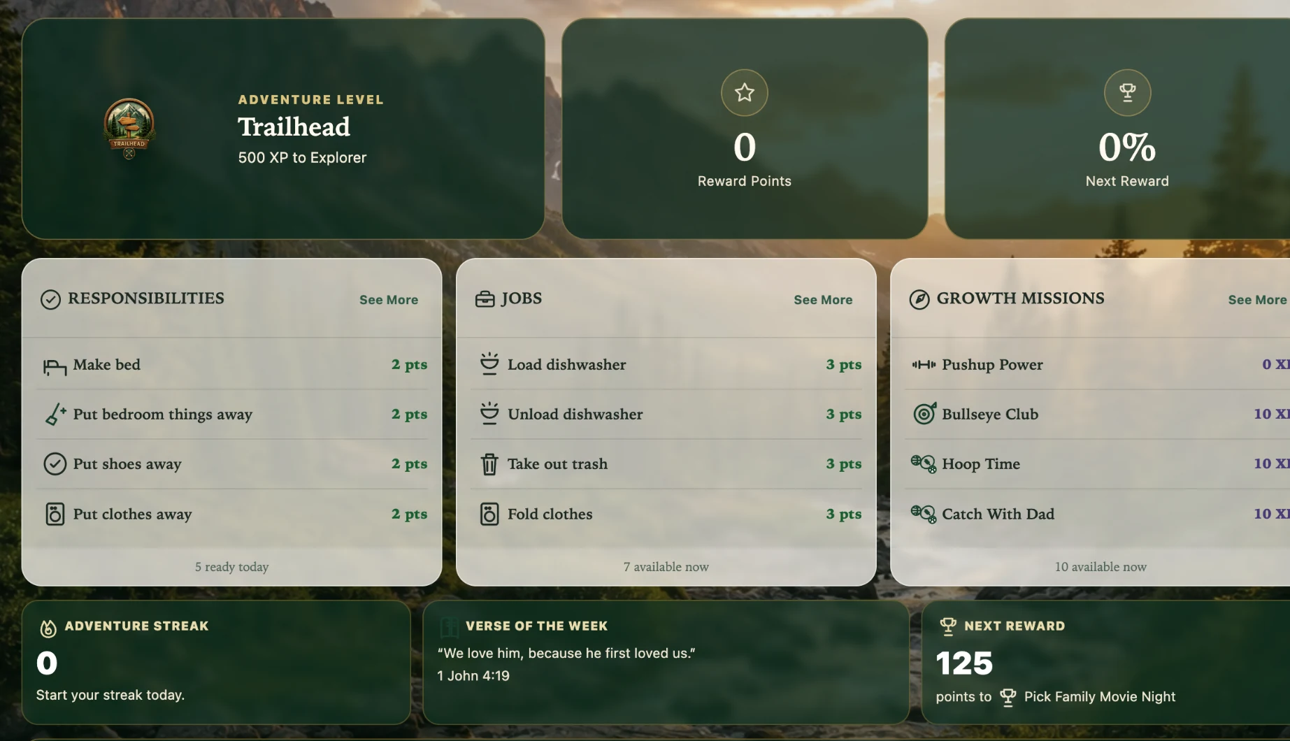 Real Oak & Arrow kid dashboard showing Responsibilities, Jobs and Growth Missions